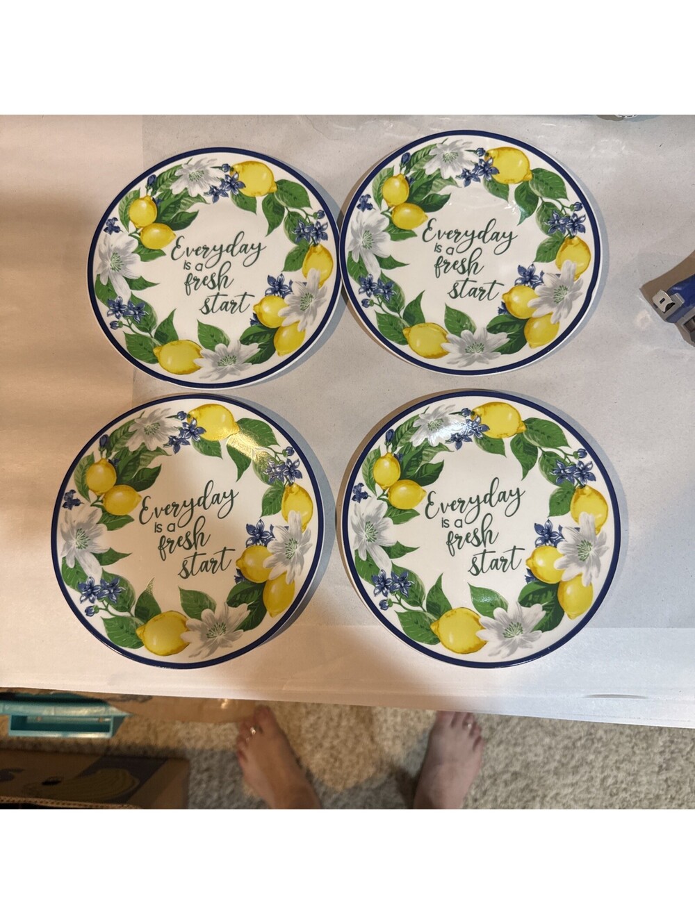 Royal Norfolk Lemon Floral Dinner Plate W/ Blue Rims, 8-in.-Brand New Set of 4